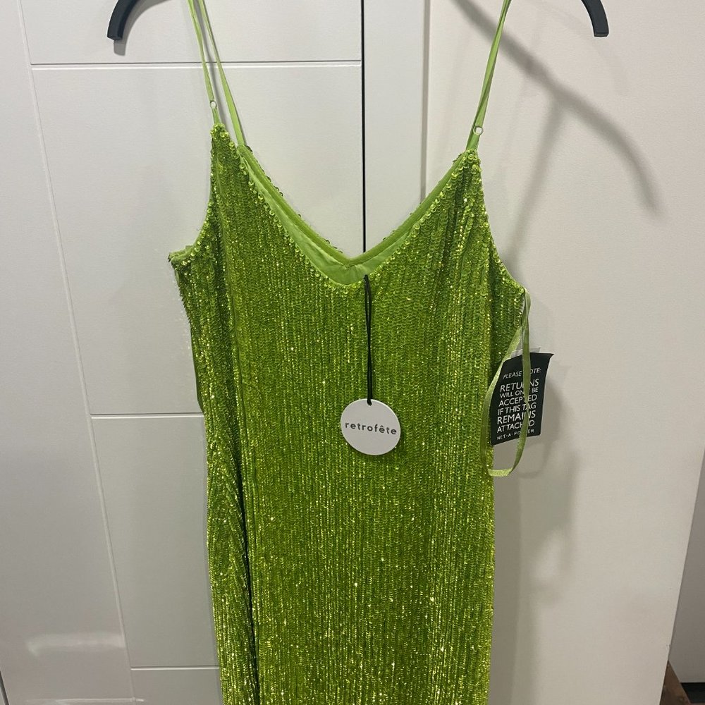 Retrofete Dress|Never Worn Retrofete Neon Lime Green Sequined Slip Mini Dress XS